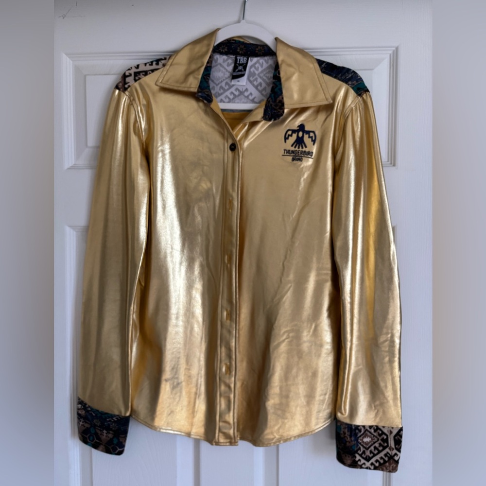 Gold Button Down Shirt With Patterned Accents - image 2